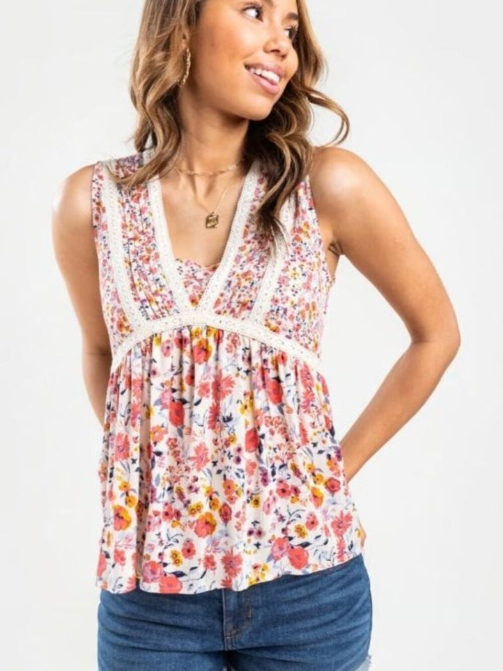Blue Rain Floral Sleeveless Smocked Lace Trim Blouse M Peasant Coquette Festival